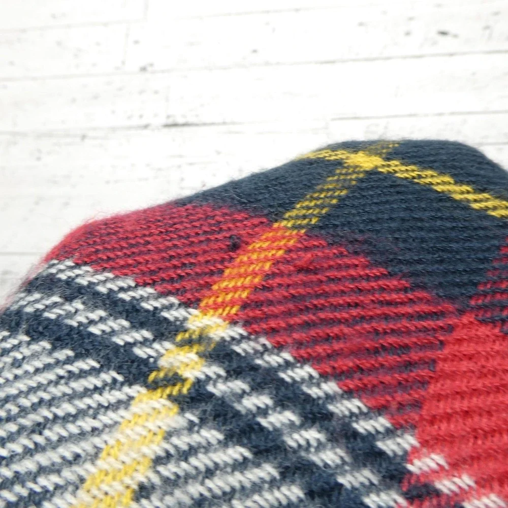 Barbour Scarf Mens One Size Red Navy Plaid Acrylic Reversible Fringe Winter